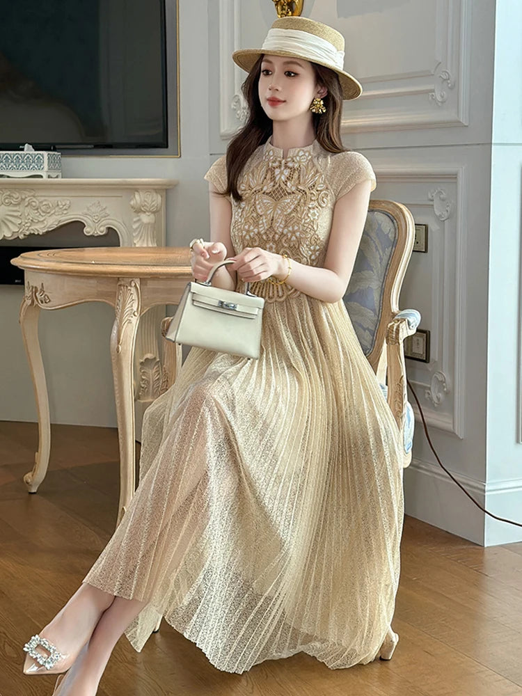cap sleeve lace detail pleated midi dress Short Sleeve Floral Lace Midi Dress  shopaleena