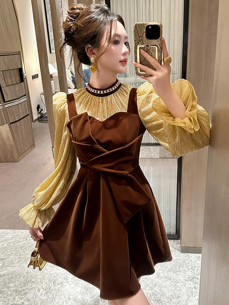 Chic Brown Velvet Mini Dress With Sleeves on Luulla