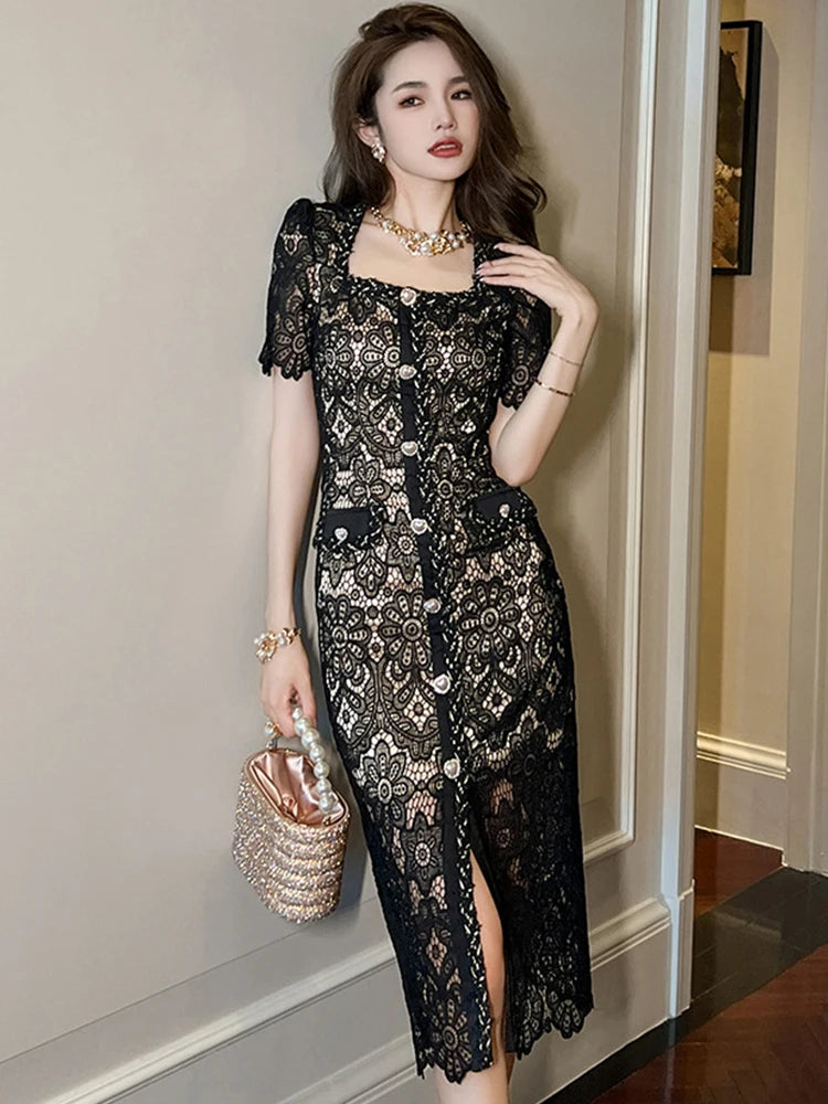 chinese dress ladies Cleobella Bijou Button-Front Midi Dress Black Lace-Trim Cotton Size Extra Small main image 0