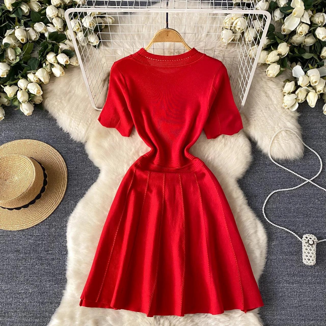 Vibrant Red Short-sleeve Dress With Flare Skirt