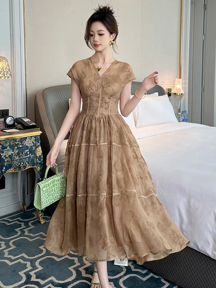 Vintage V-neck Embroidered Floral Mesh Maxi Dress