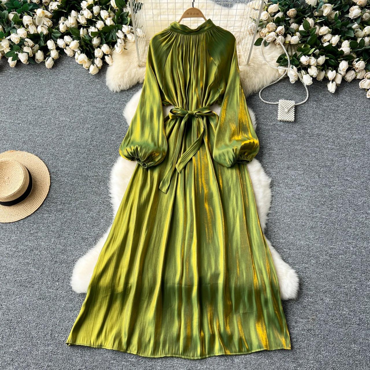 green satin maxi dress long sleeve Sage green satin maxi dress for women V-neck long sleeve party wedding  guest