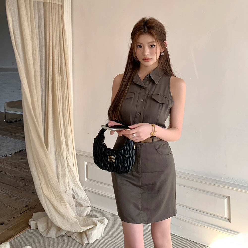 khaki sleeveless shirt dress Khaki Sleeveless Shirtdress