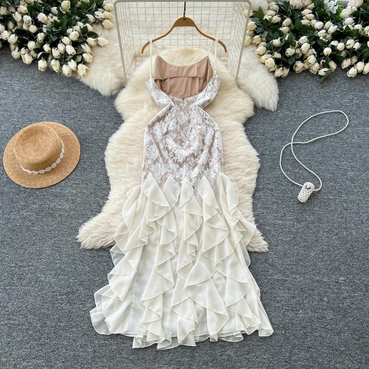 Lace Halter Dress With Layered Ruffle Skirt