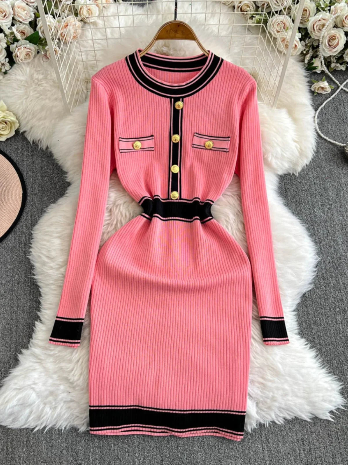 Chic Pink Button-down Ribbed Bodycon Dress on Luulla