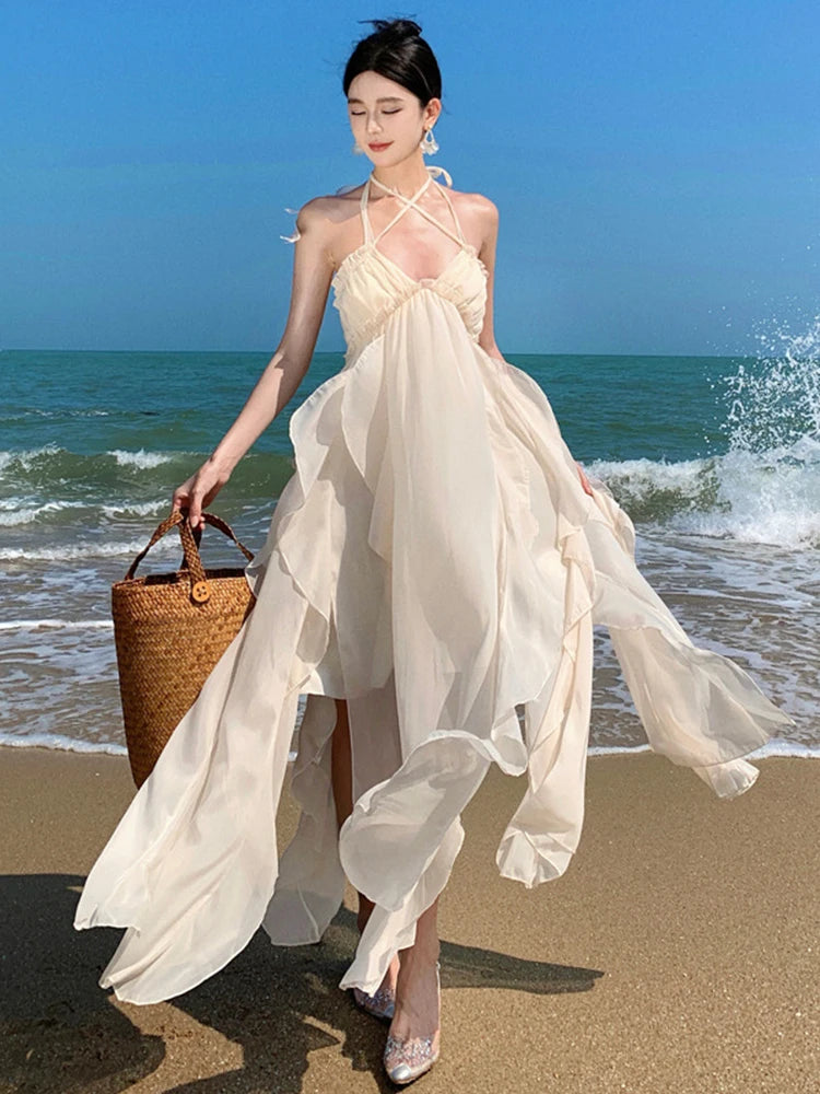 Beach-ready Flowing Maxi Dress With Halter