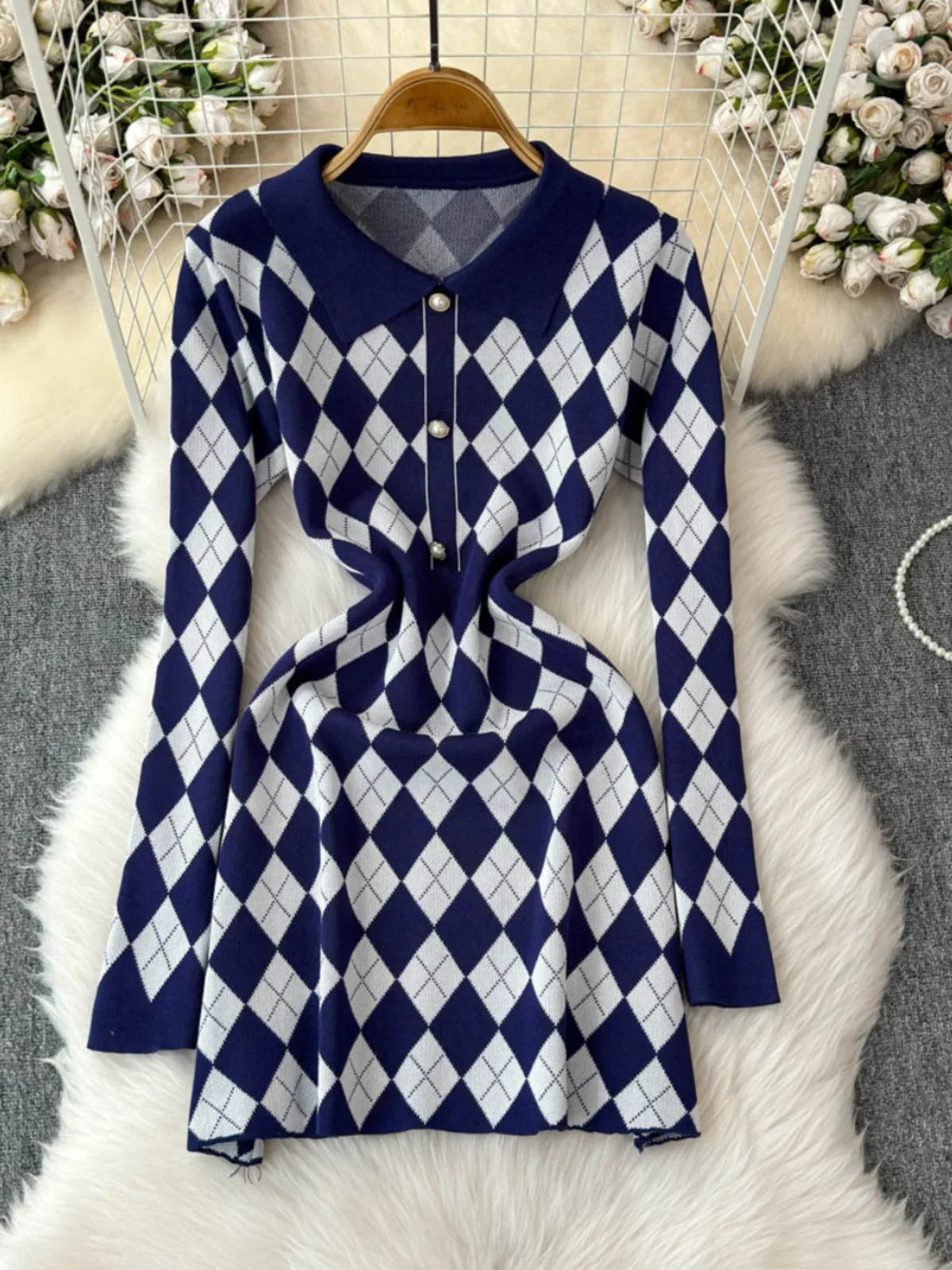 Argyle Patterned Long-sleeve Knit Sweater Dress