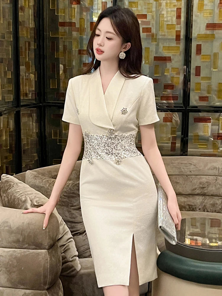 Women Clothes Business Formal Occasion Sequin Splicing Short Sleeve Slim Midi Pencil Dress Elegant Fashion Vestidos Summer