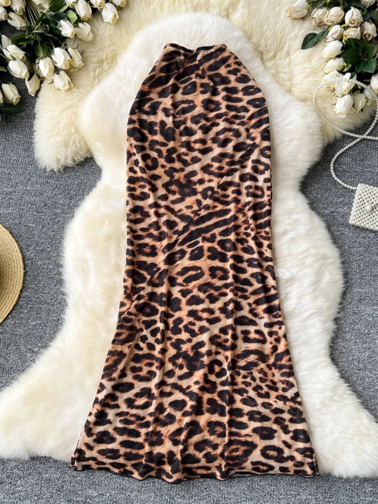 Leopard Print Halter Maxi Dress With Slit