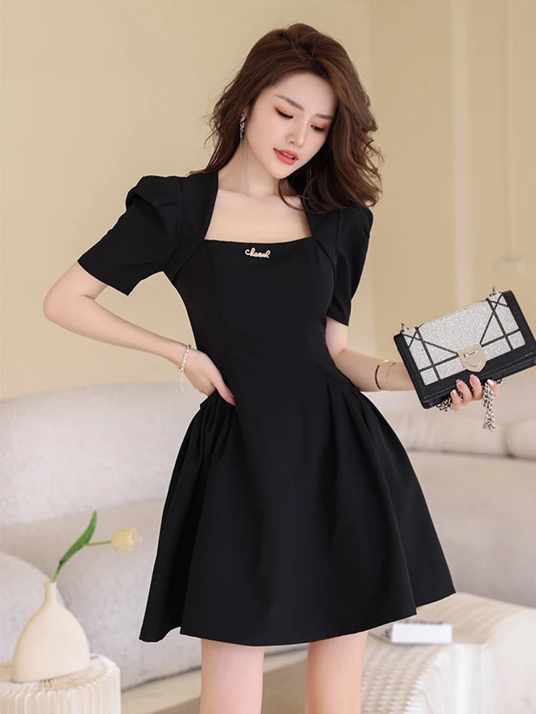 short puff sleeve black dress SIBONEY Women's Dresses High Waist Summer Square Neck Puff Sleeve Black  Dress Short Sleeve, X-Small at Amazon Women's Clothing store