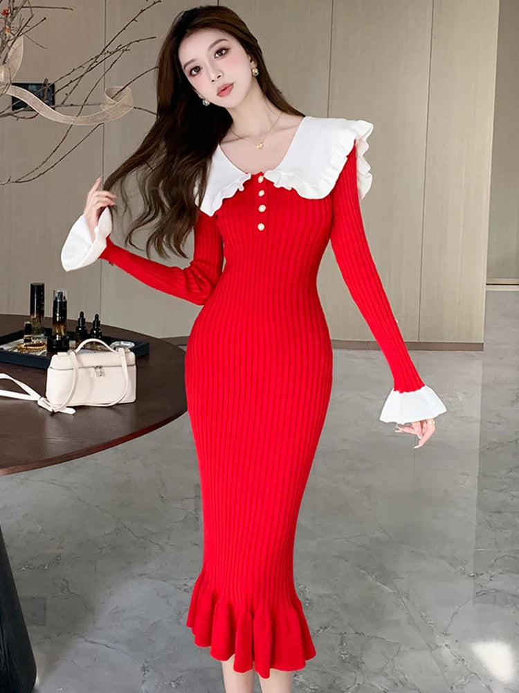 Red Ruffled Knit Dress With White Collar