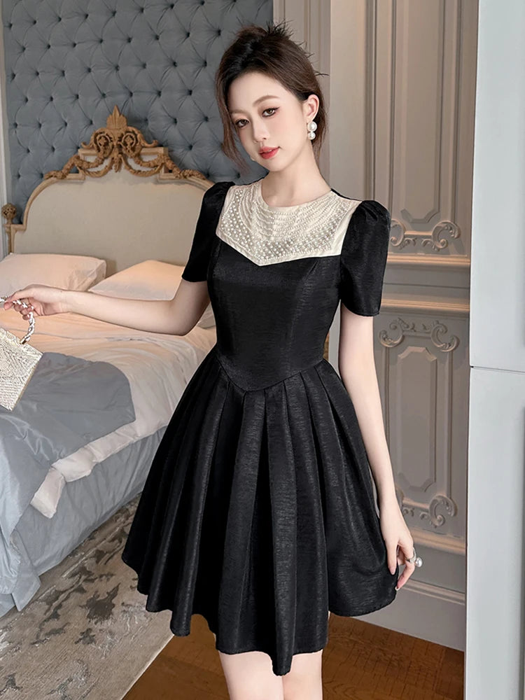 Vintage Black Dress With Pearl Embellished Collar