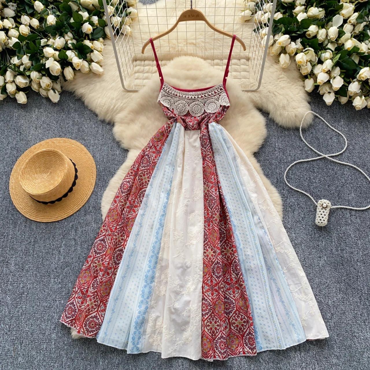 Bohemian Style Spaghetti Strap Lace Patchwork Dress