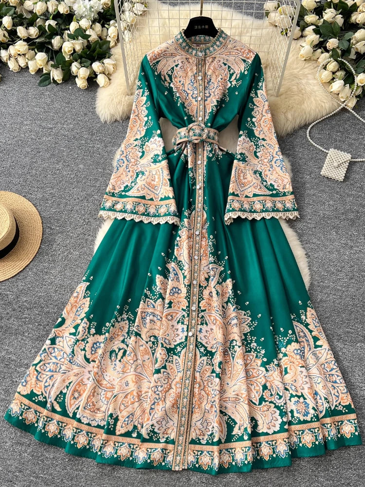 Floral Embroidered Long Sleeve Green Maxi Dress