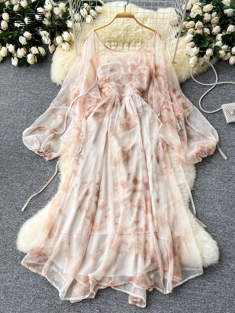 Bohemian Chiffon Long Sleeve Tie-dye Maxi Dress on Luulla