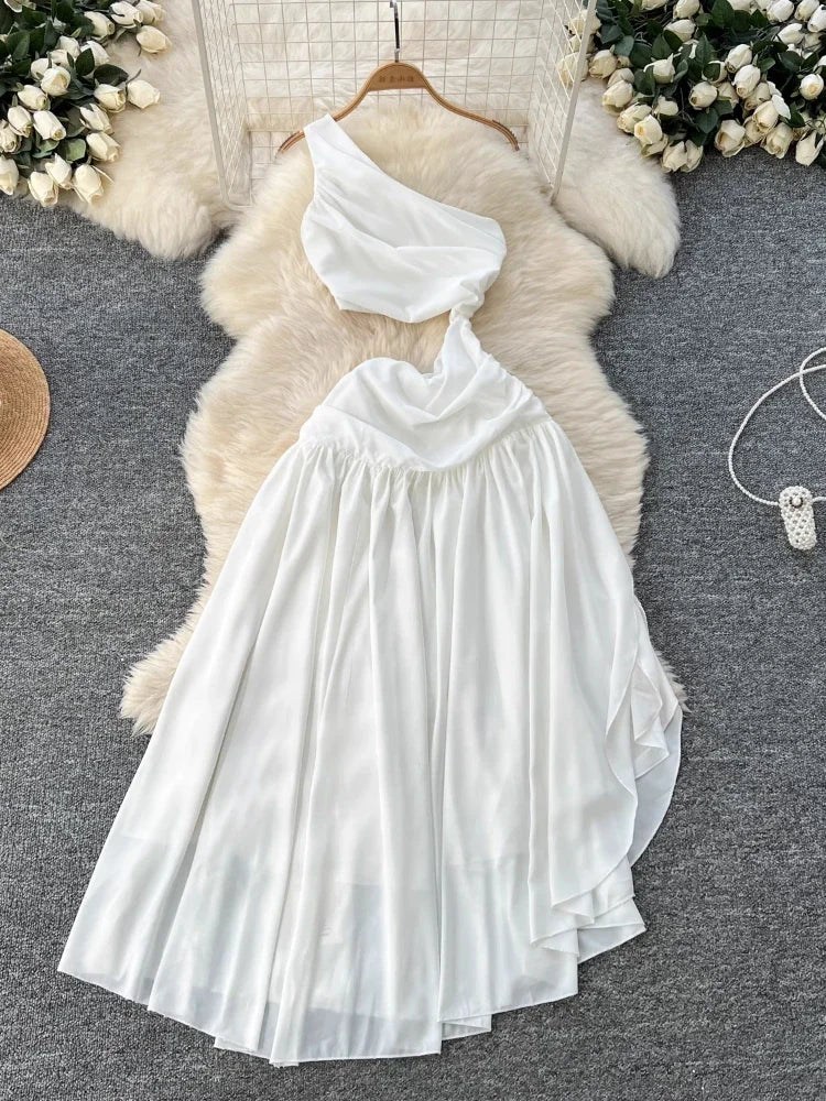 One-shoulder White Chiffon Asymmetrical Maxi Dress