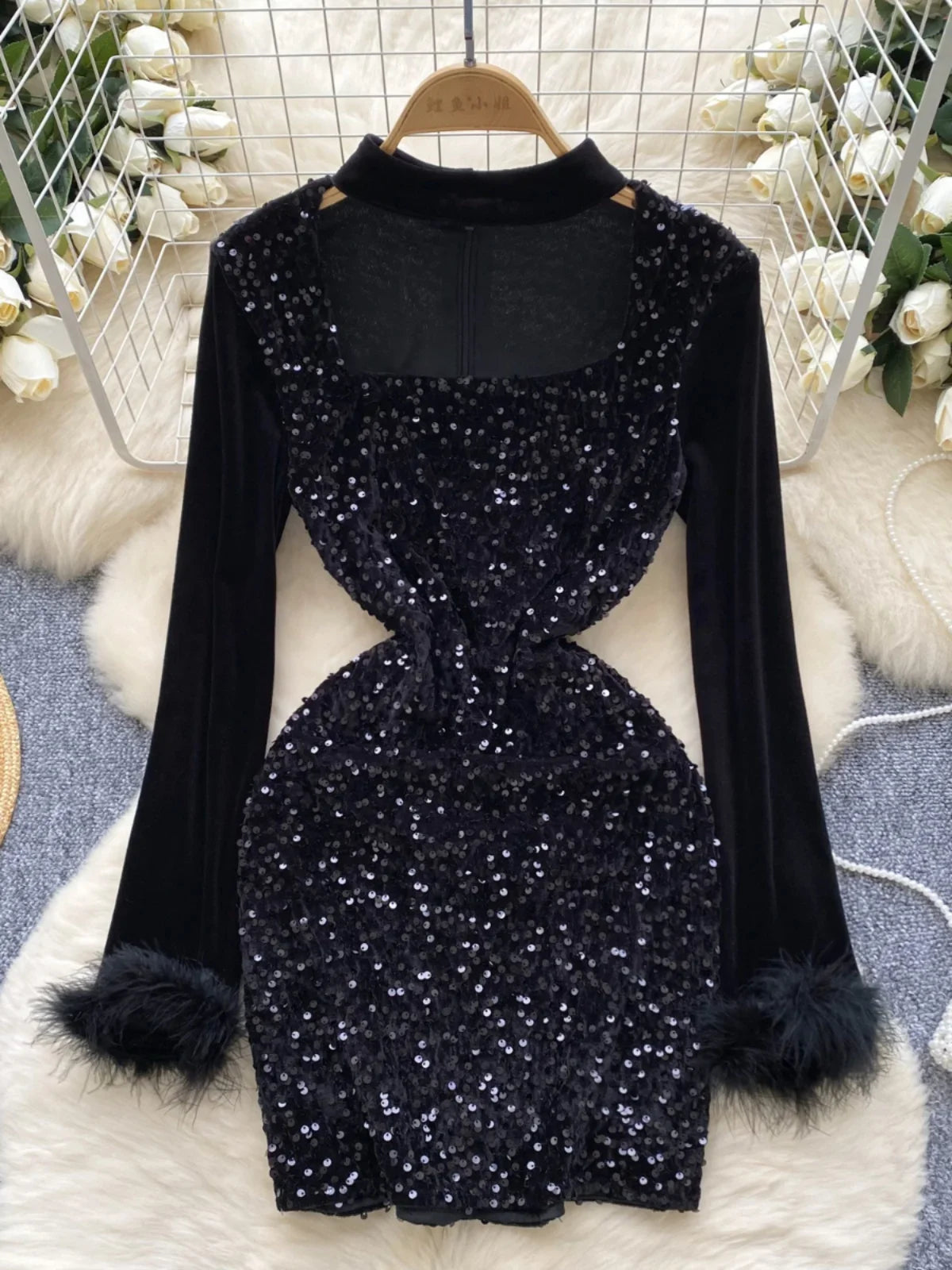 Black Sequin Dress With Velvet Fur Cuffs on Luulla