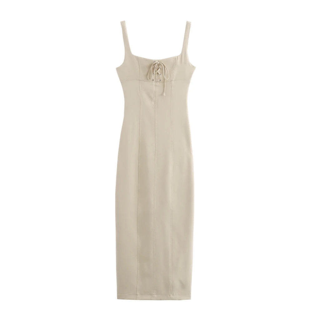 beige belted dress Midi Bodycon Knit Dress With Belt In Beige main image 0