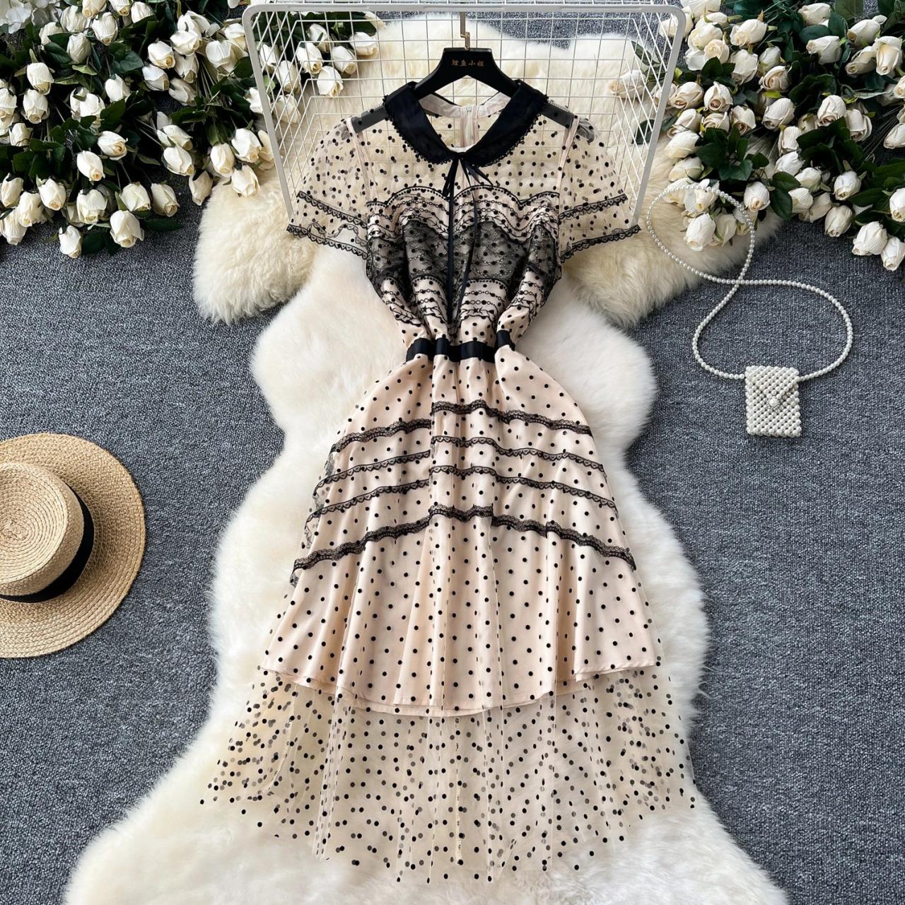 Vintage Polka Dot Sheer Layered Dress Black