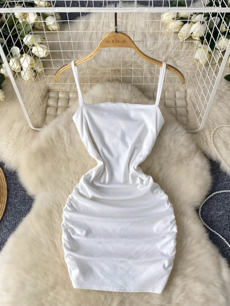 white ruched bodycon dress spaghetti strap Women's Premium White Woven Ruched Bodycon Dress