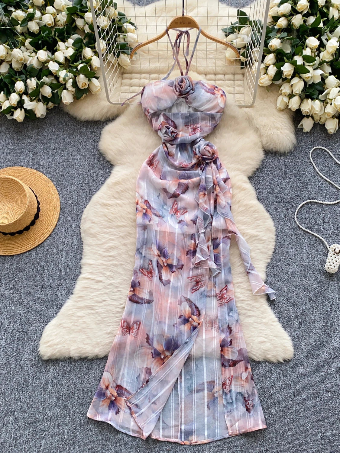 Floral Halter Maxi Dress With Rosette Accents