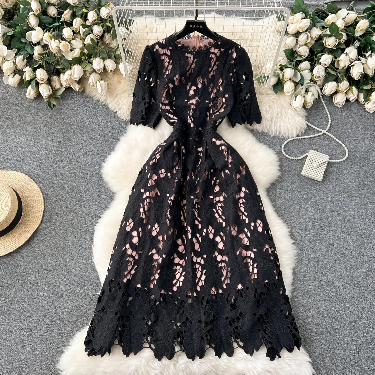 Black Lace Dress With Short Sleeves Design