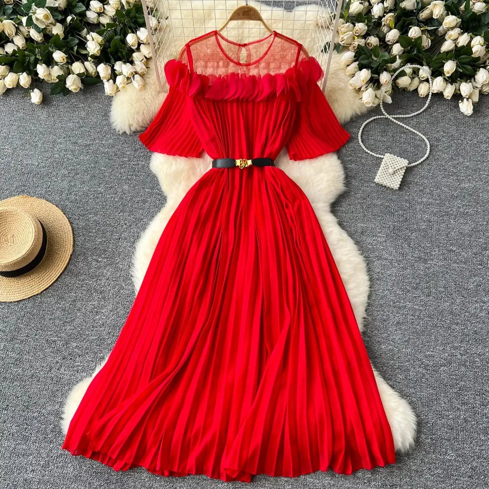 Red Pleated Maxi Dress With Sheer Overlay