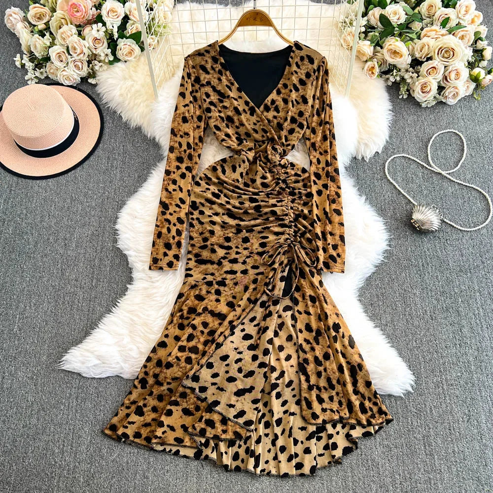 knee length dresses for ladies High Neck Leopard Print Maxi Bodycon Dress HB100590