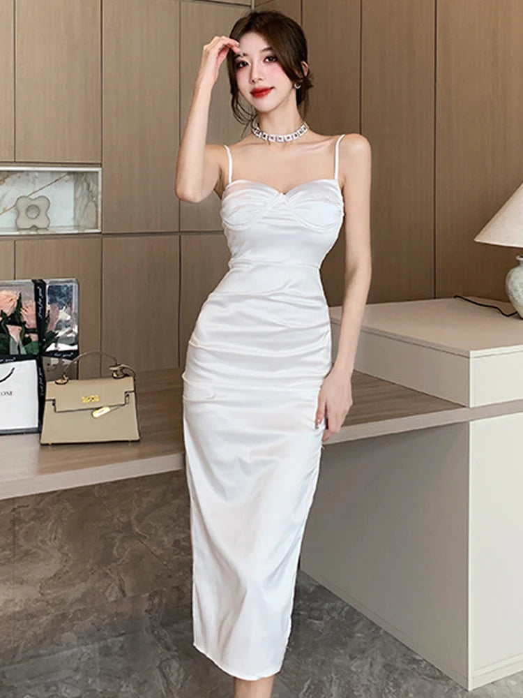 Sleeveless White Midi Dress, Ruched Bodycon Detail on Luulla