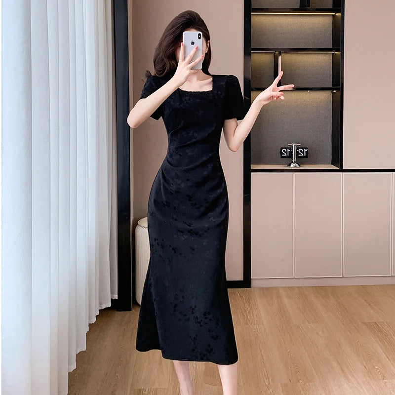 velvet square neck long sleeve dress Morana