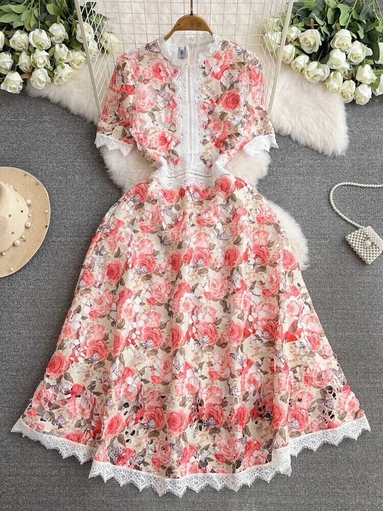 Vintage Floral Lace Trim Midi Dress
