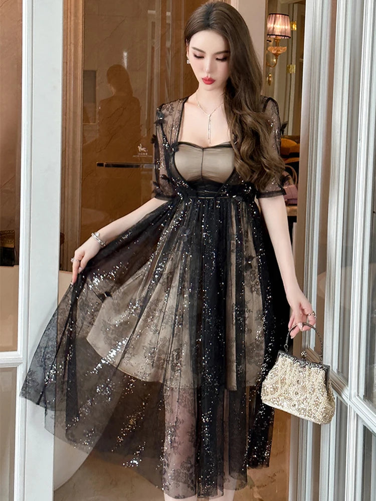 knee length dresses for ladies Ethereal Blue Mesh Overlay Summer Slip Dress main image 1