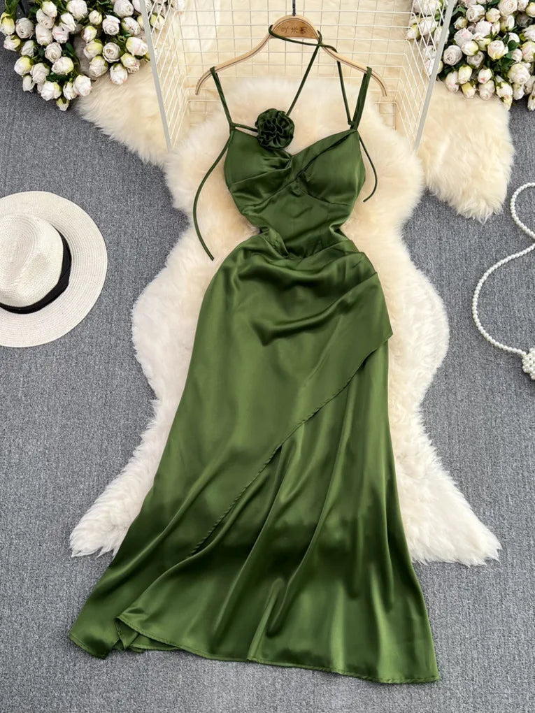 Green Satin Halter Dress With Floral Accent