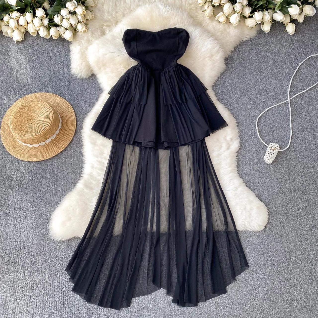 Black Strapless Layered Gown With Sheer Skirt