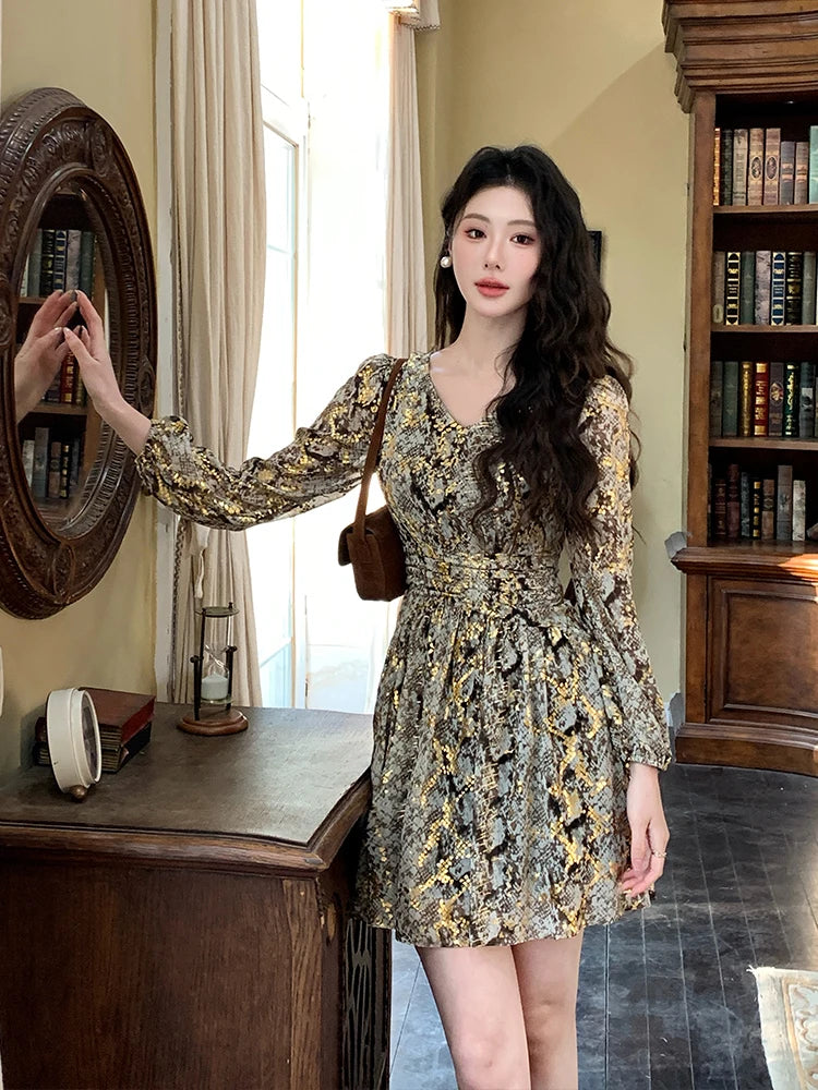 snakeskin dress long sleeve Long-sleeve V-neck Snakeskin Pattern Dress on Luulla