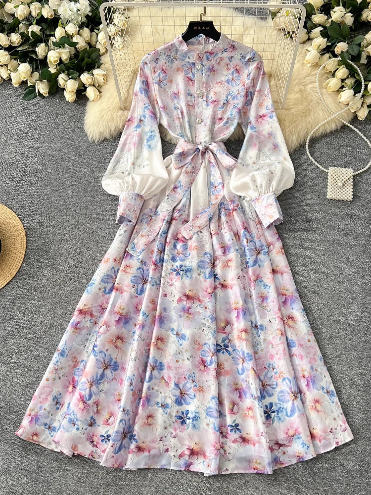 pastel floral maxi dress with sleeves Elegant Long Maxi Evening Dress In Floral Print