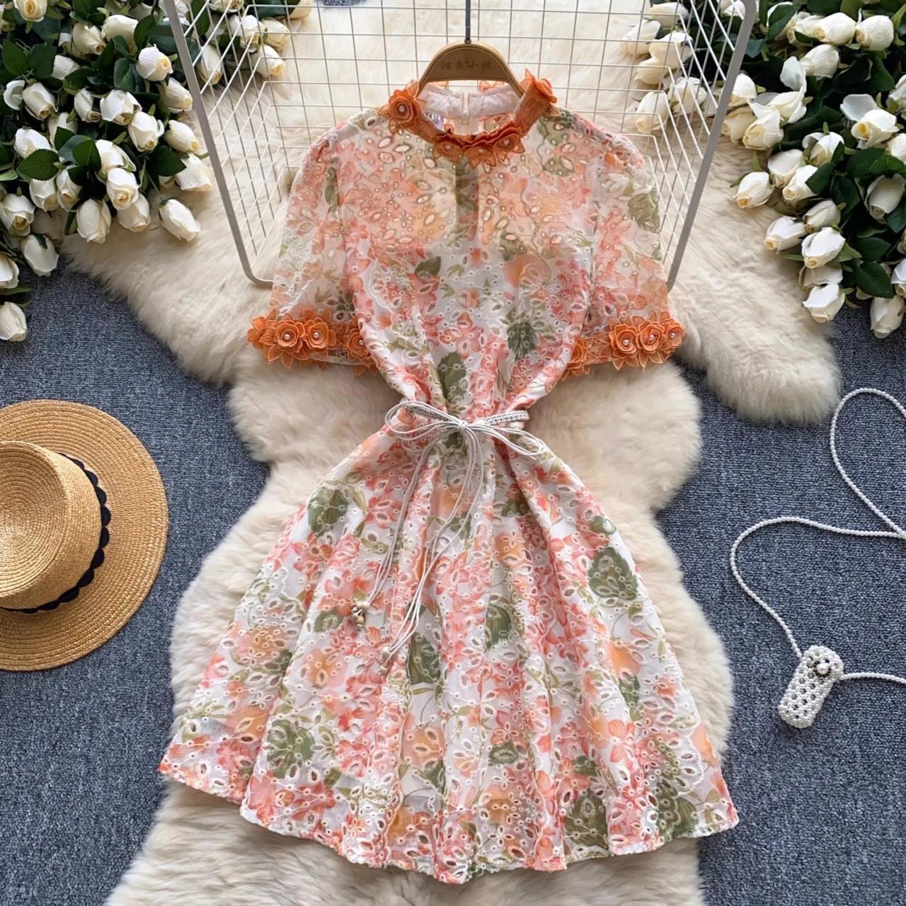 Floral Short Sleeve Lace Midi Dress Floral Lace Short-sleeve Midi Dress  With Belt On Luulla