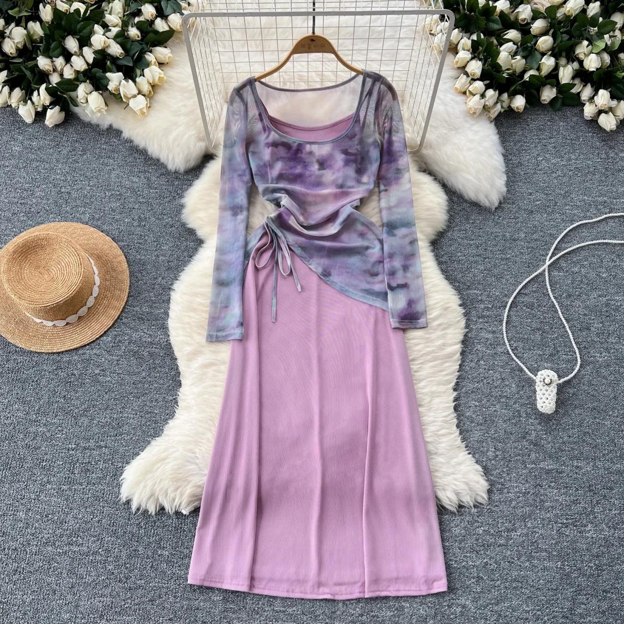Lavender Asymmetrical Dress with Tie-Dye Overlay