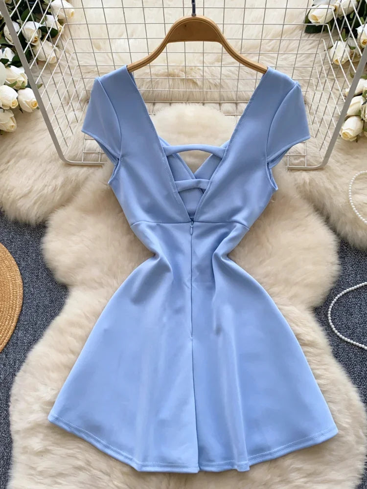 v neck sleeveless flare dress Rosette V-neck Sleeveless Fit And Flare Mini Dress With Pockets
