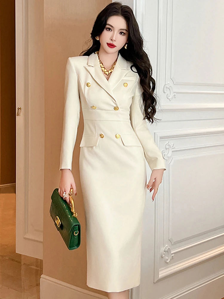 Womens White Double-breasted Blazer Pencil Dress