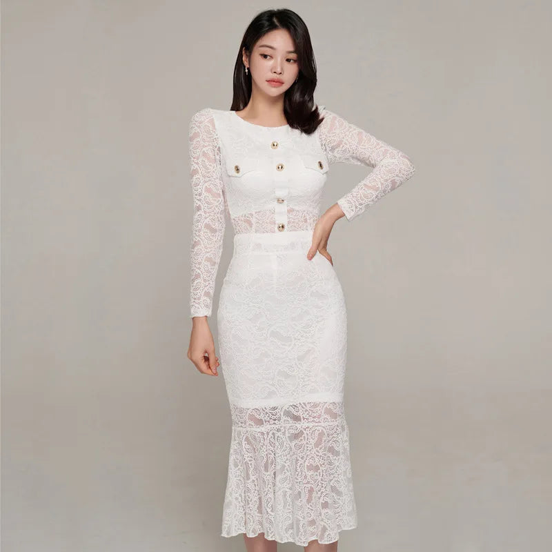 Lace Bodycon Midi Dress with Button Details