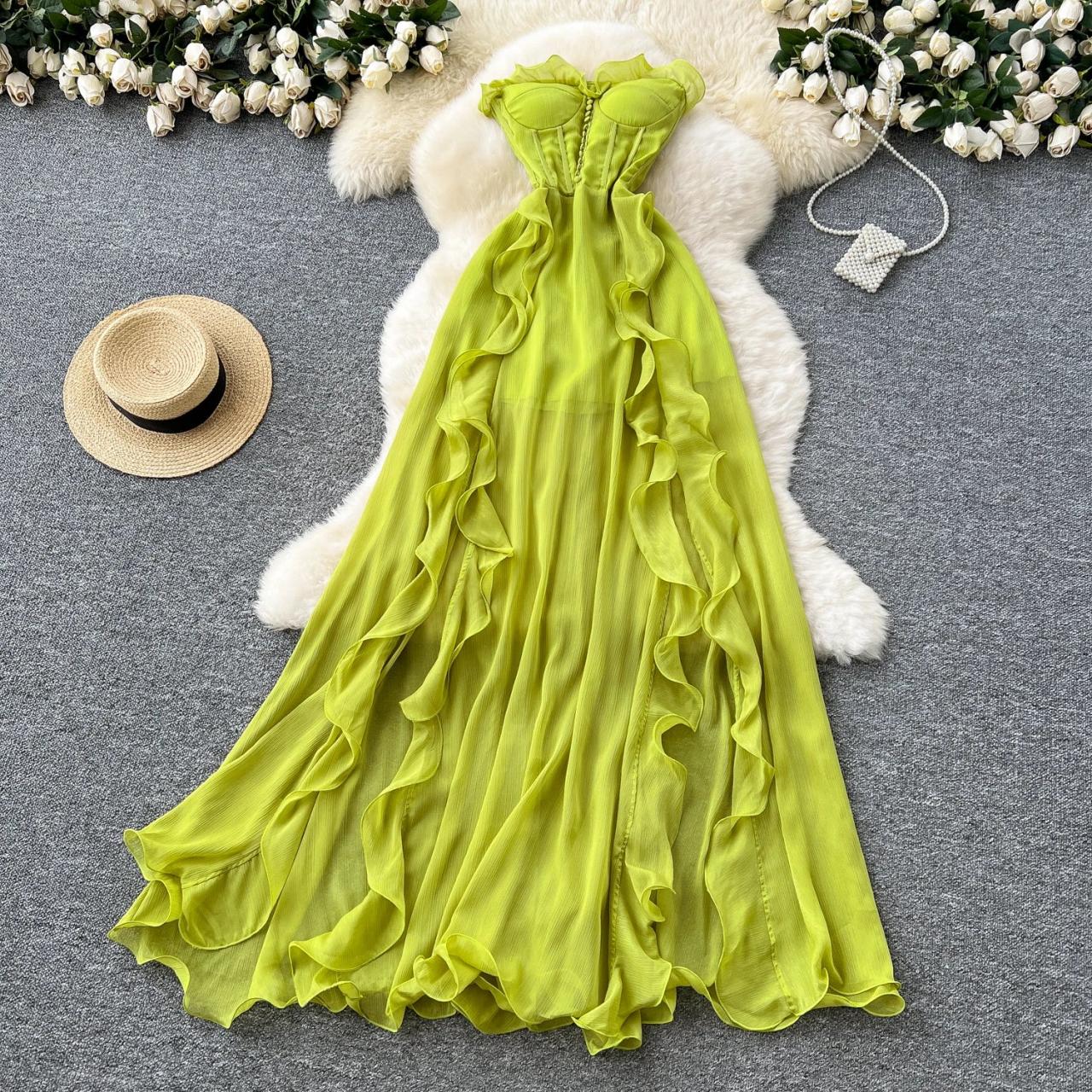 frilly green dress Thea Green & Gold Floral Ruffle Maxi Dress