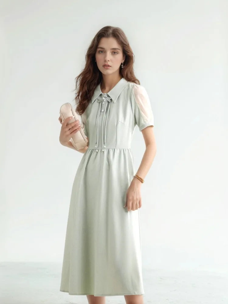 prom dress stores bowling green ky Green Smocked Midi Dress | Puff Sleeve Collared Dress main image 1