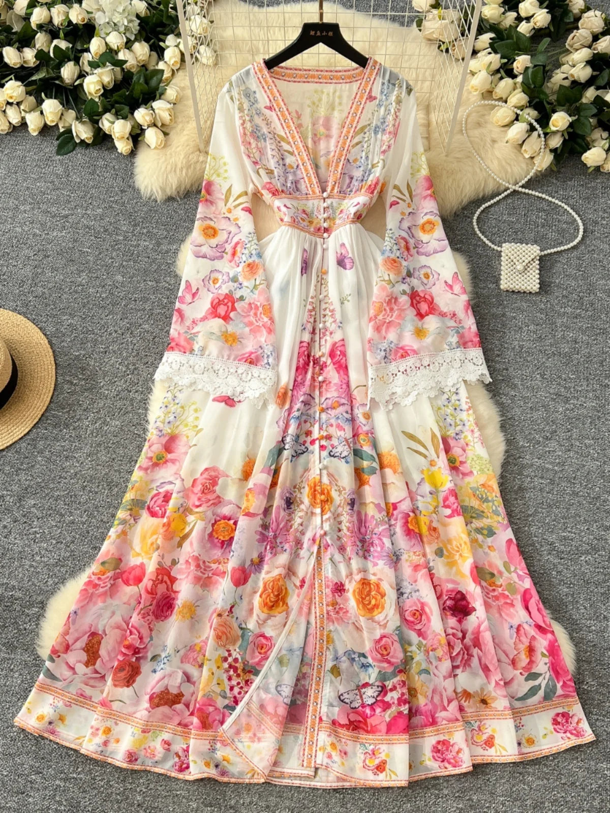 Floral Maxi Dress With Lace And Bell Sleeves