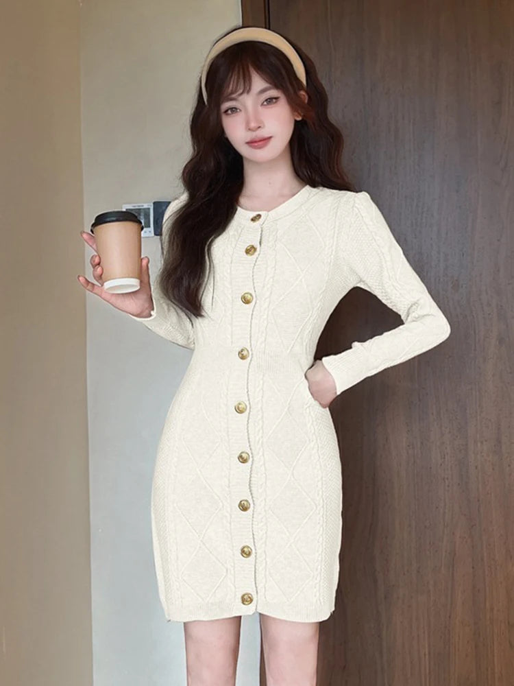 Button-front Knit Dress With Long Sleeves on Luulla