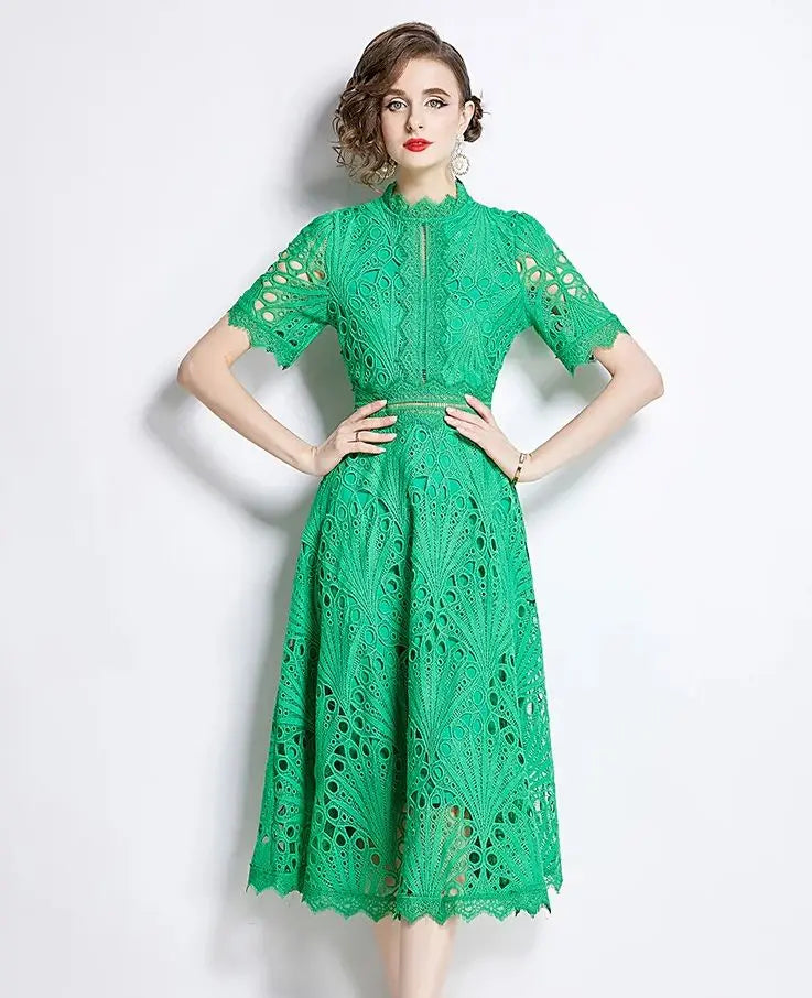 Summer Luxioury Lace Embroidered Hollow Out Dress Women's O-neck Short Sleeve High Waist A-line Long Party Vestidos