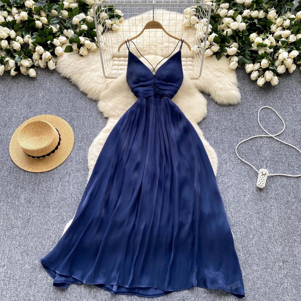 Navy Blue Spaghetti Strap Summer Maxi Dress