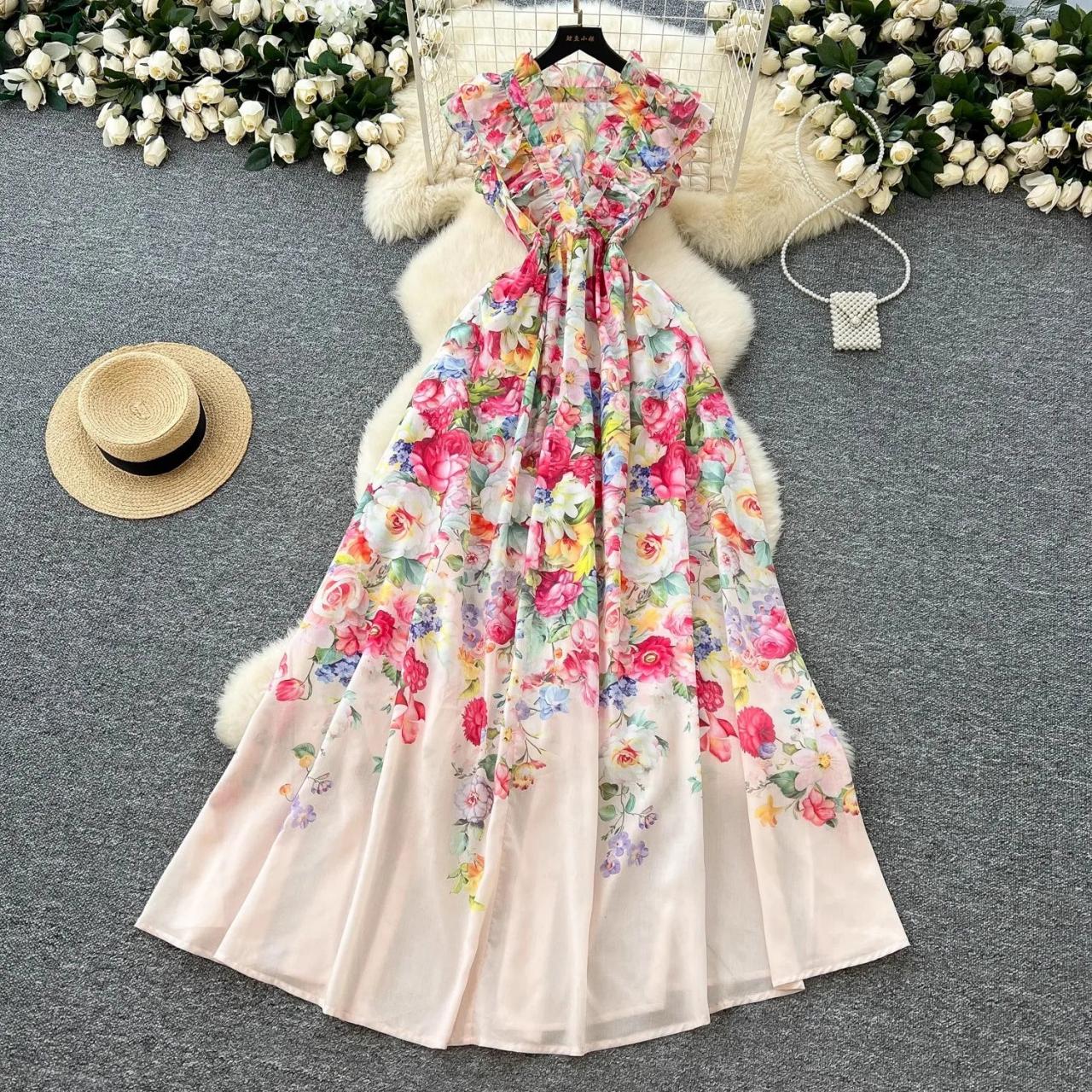 Floral Maxi Dress with Belt, Multicolor Chiffon