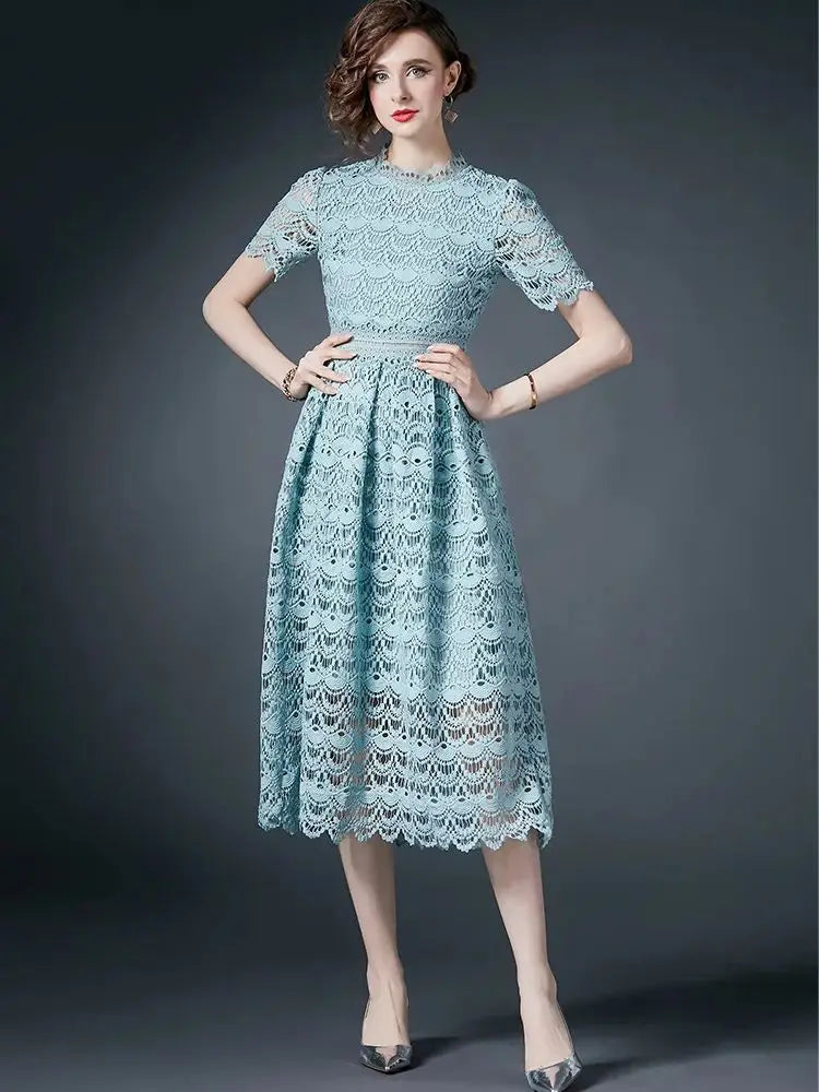 Lace Short Sleeve Tea-length A-line Dress
