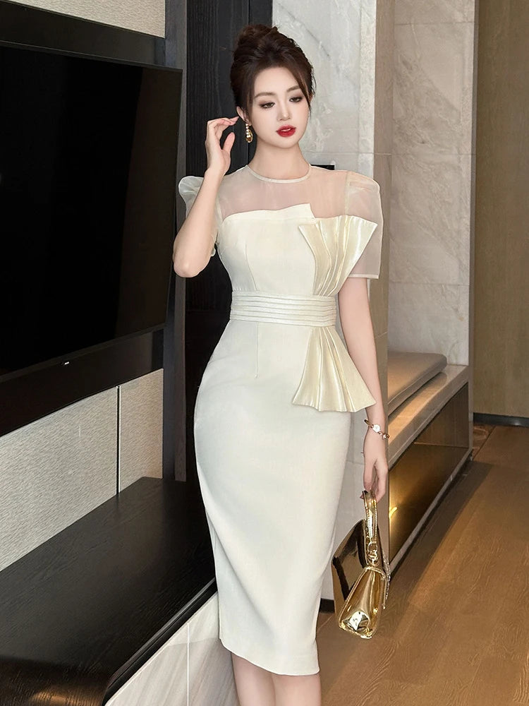 Ladies Modern White Sheath Dress With Peplum